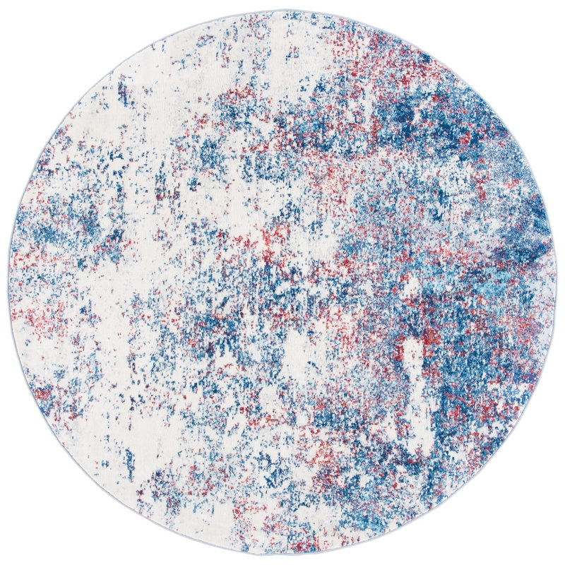 Tapis abstrait gris clair / bleu N'Keal, Navy/Red, Rond 6 pi 7 po