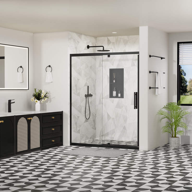 Porte de douche à cadre pivotante avec panneau fixe l 44 à 48 po x H 72 po, noir mat, verre trempé nano-enduit