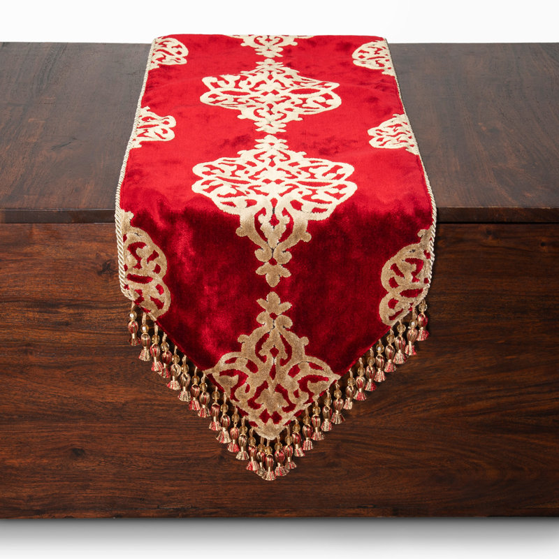 Mackinzie Luxury Medallion, European Cut Velvet Table Runner, With Faux Silk Lining And Beaded Tassel Fringe., 90" L x 13" W