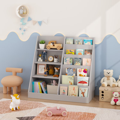 Kids Bookshelf and Toy Storage Organizer, Multifunctional 4 Tier Wooden Kids Book Shelf with Bookcase Display Stand in Kids Room Playroom Nursery for Kids, Children, Toddlers (Gray)