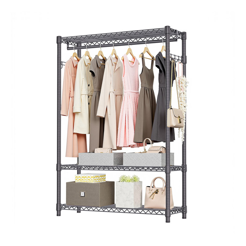 Support à vêtements robuste, support à vêtements autoportant pour suspendre les vêtements avec 1 tringle, 3 niveaux et crochets latéraux, organisateur de garde-robe ajustable en métal, gris foncé