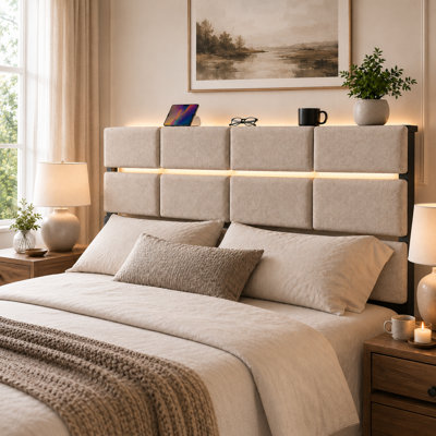 Full & Queen Size Upholstered Headboard Only with Charging Station, RGB LED Lights & Storage Shelf, Adjustable Height, Sturdy and Stable Headboard,  Ideal for Bedroom Dorm Guest Room, Beige