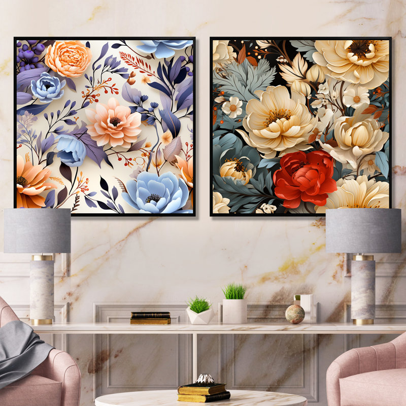 Lea - Ensemble de 2 impressions sur toile florales, Cadre noir, H 30 po x l 61 po x P 1 po