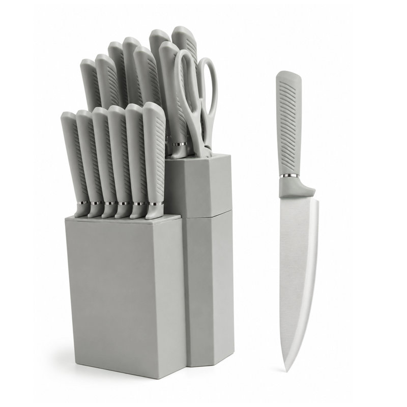 Ensemble de 18 couteaux HEESEM en acier inoxydable avec bloc en plastique, manches ergonomiques et ciseaux de cuisine, gris