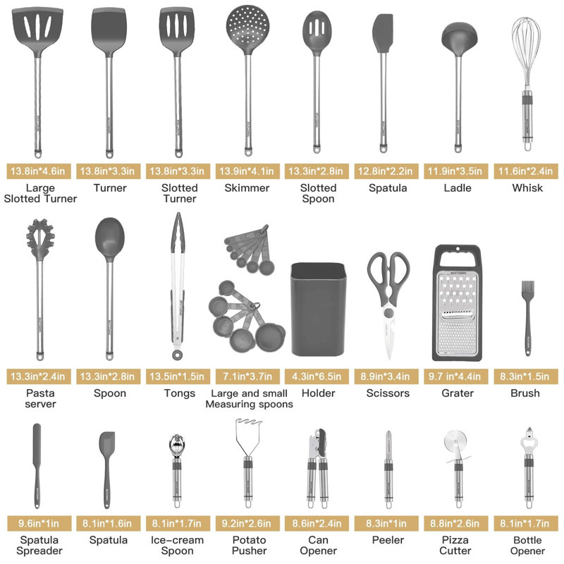 Gray Silicone and Stainless Steel 33-Piece Kitchen Utensil Set