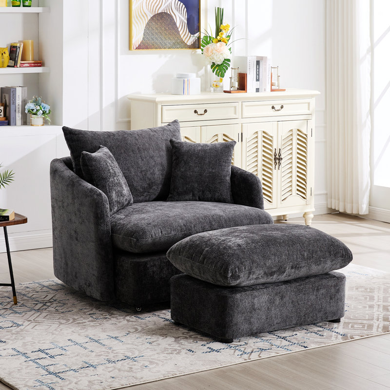 Single Chair for Home, Upholstered Swivel Accent Chair with Ottoman, Pillows for Living Room, Beige Chenille