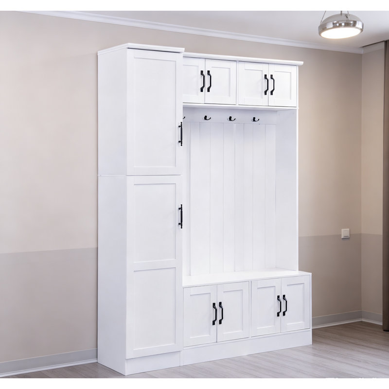 79'' Tall Modern Hall Tree With Shoe Storage, 4-in-1 Entryway Bench With 6 Cabinets, 4 Coat Hooks & Adjustable Shelf For Hallway, Living Room, White