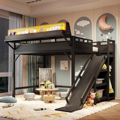 Twin XL Size Loft Bed with Slide, Metal Loft Bed Frame with Storage Shelves, Wardrobe, USB Ports, LED Lights, Pegboard Safety Solid, Black