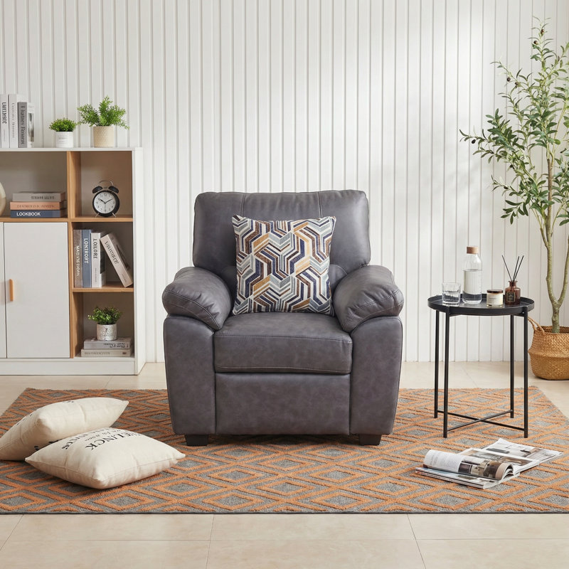 Fauteuil d'appoint 36,8 po avec coussin géométrique complémentaire Leathaire, Faux cuir gris