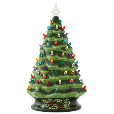 Arbre de Noël en céramique peint à la main 18 po, arbre vert illuminé avec étoile