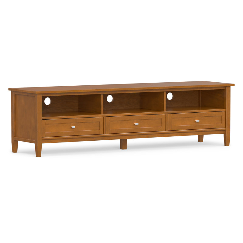 Meuble télé bas en bois massif de 72 po avec 3 tiroirs et tablettes ouvertes Warm Shaker, Marron clair