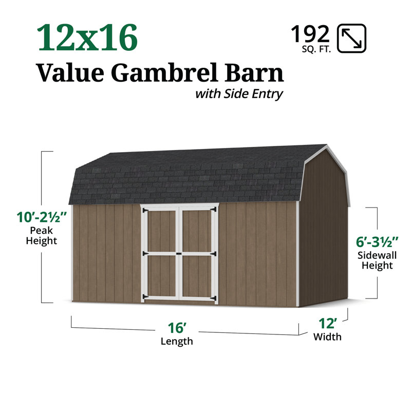 Value Gambrel Barn 6' Sidewalls With Side Entry, No, 122.5" H x 144" W x 192" D
