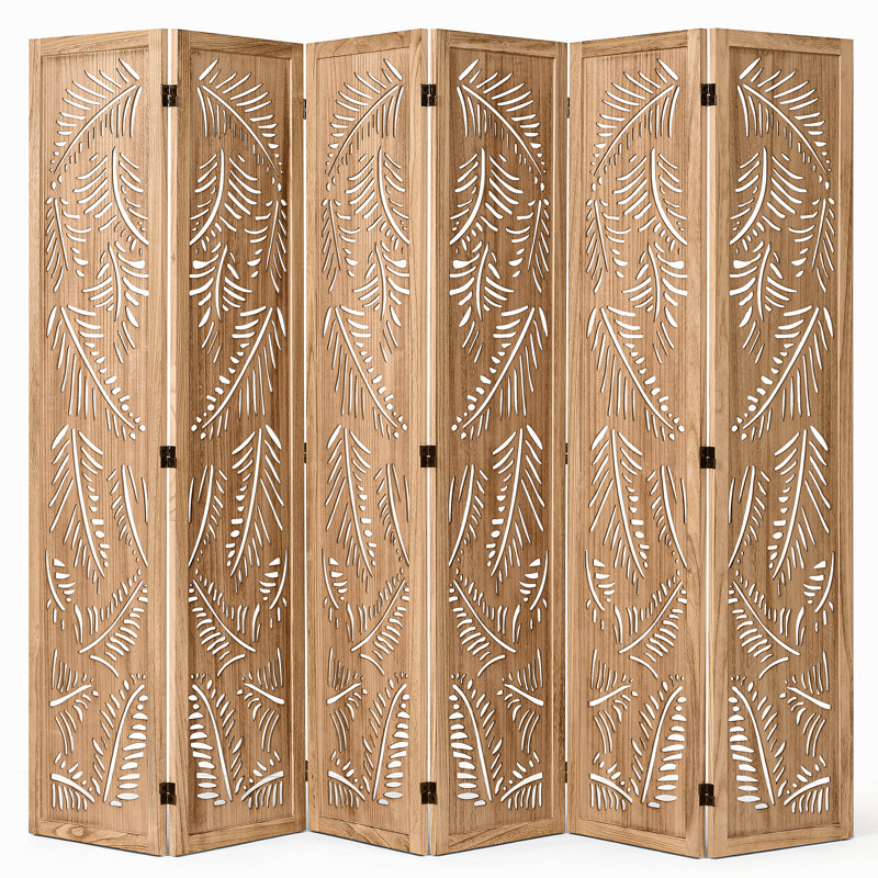  Paravent 6 panneaux en bois massif - Cloison pliante autoportante avec plume ajourée, structure en bois de paulownia naturel, sans assemblage pour le salon, la chambre à coucher, le bureau
