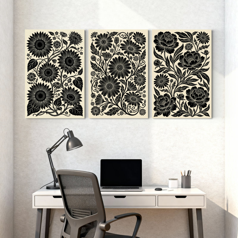 Plantes et fleurs, ensemble de 3 impressions sur toile à motif floral noir et blanc, H 30 po x l 60 po