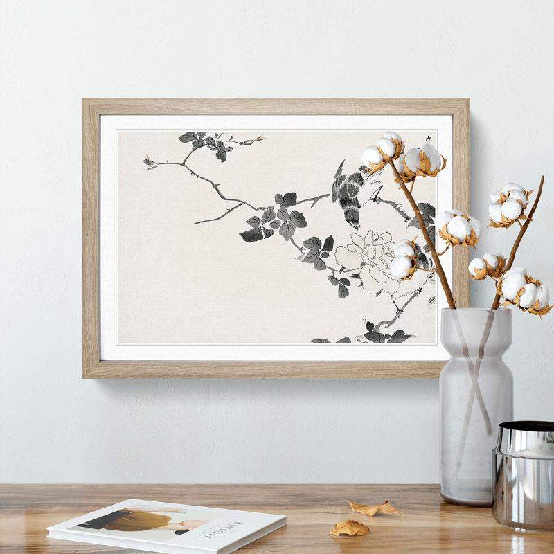 Robin Birds & White Lotus by Numata Kashu - Picture Frame Painting Print, 35cm H x 50cm W x 2cm D, Oak
