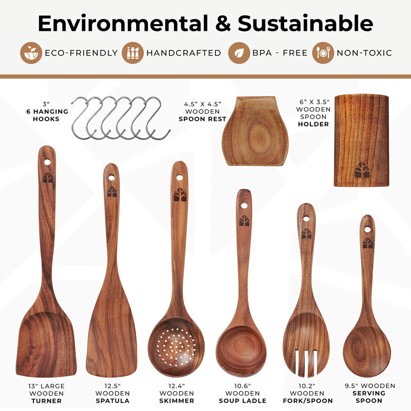 Natural Wood 10-Piece Cooking Utensils Set with White Ceramic Holder