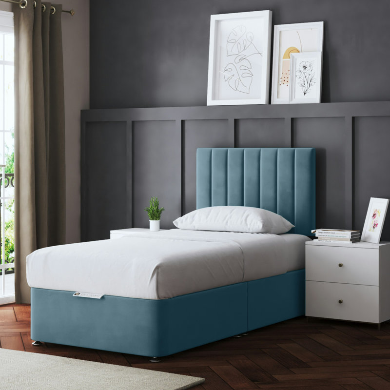  Upholstered Panel Divan Bed with Headboard, Blue, Single (3')