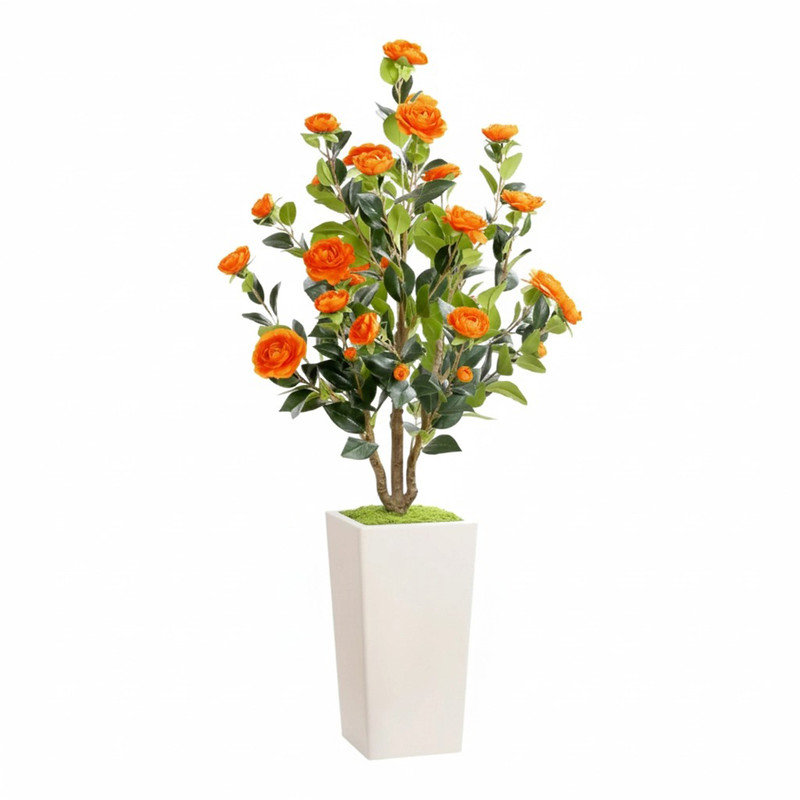 4 FT Artificial Bushes with Camellia Flowers for Outdoors, Faux Plants Fall Trees Outdoor Fake Plants in Pots,  Tree with Fall Flowers for Autumn Home