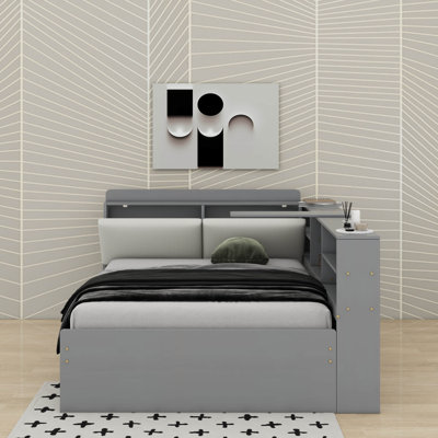 Full Size Platform Bed With Shelves,Trundle And Storage Headboard