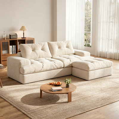 3 Seater Corduroy Sofa & Chaise,L Shaped Sofa with Movable Ottoman, 3-Seater Modular Sectional Sofa, Corduroy Couch, Deep Seat, Ideal for Living Room, Beige