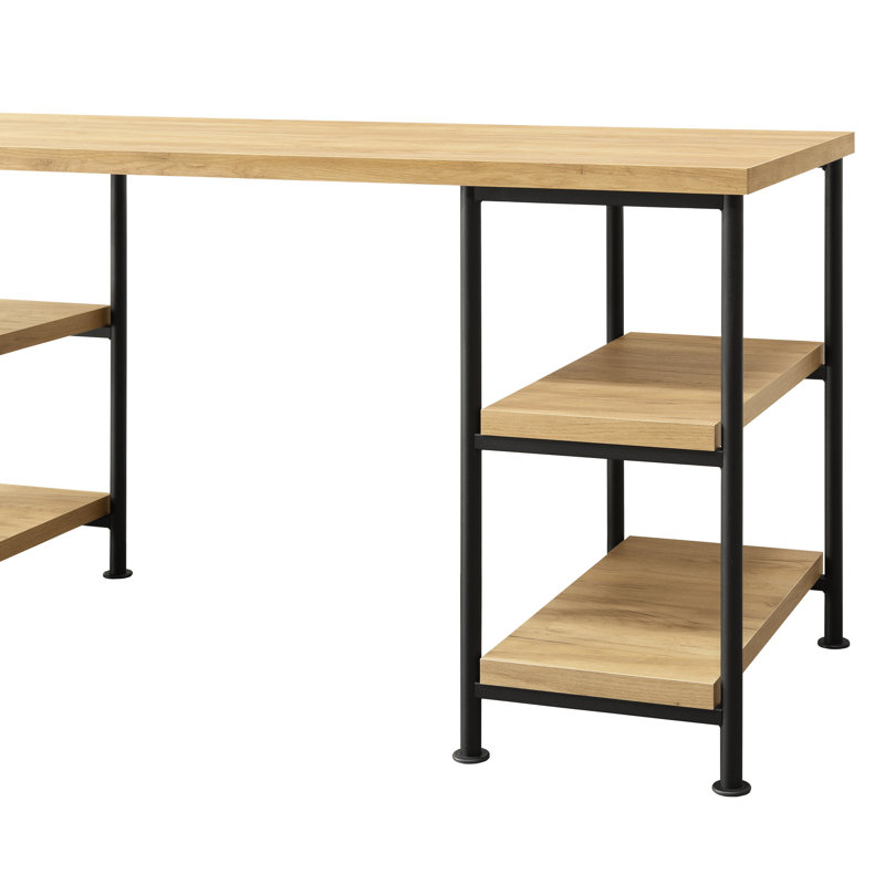 Bureau Golden Oak: 4 tablettes de rangement, détails en métal, bureau de travail debout peu encombrant personnalisable