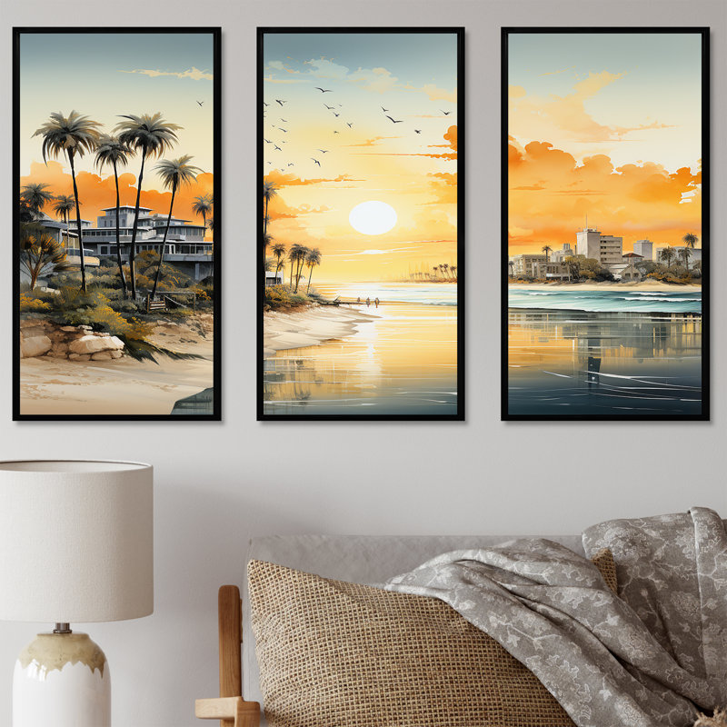 Paysage urbain côtier coucher de soleil - art mural coucher de soleil côtier, Cadre flottant noir, H 28 po x l 36 po x P 1 po
