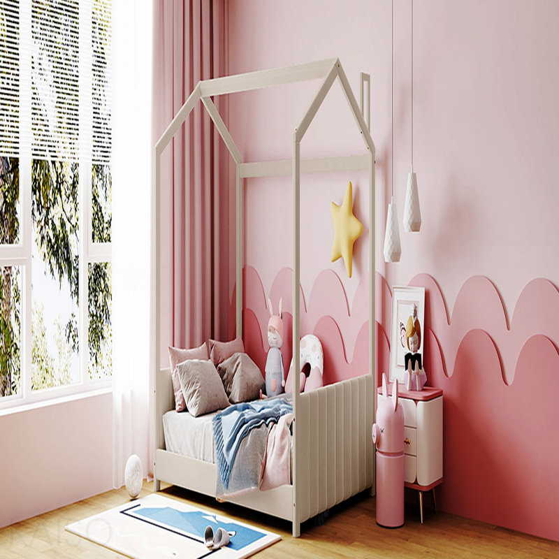 Lit en bois pour lit double en velours, beige, Beige, Full