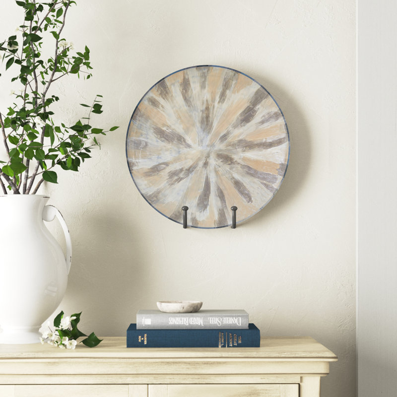 Hand-Painted Round Beige and Gray Metal Decorative Plate