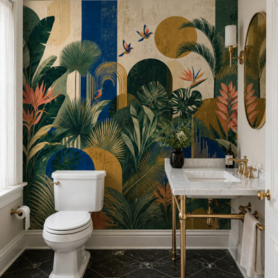 Fresque murale botanique tropicale Art Déco Jungle avec des oiseaux exotiques