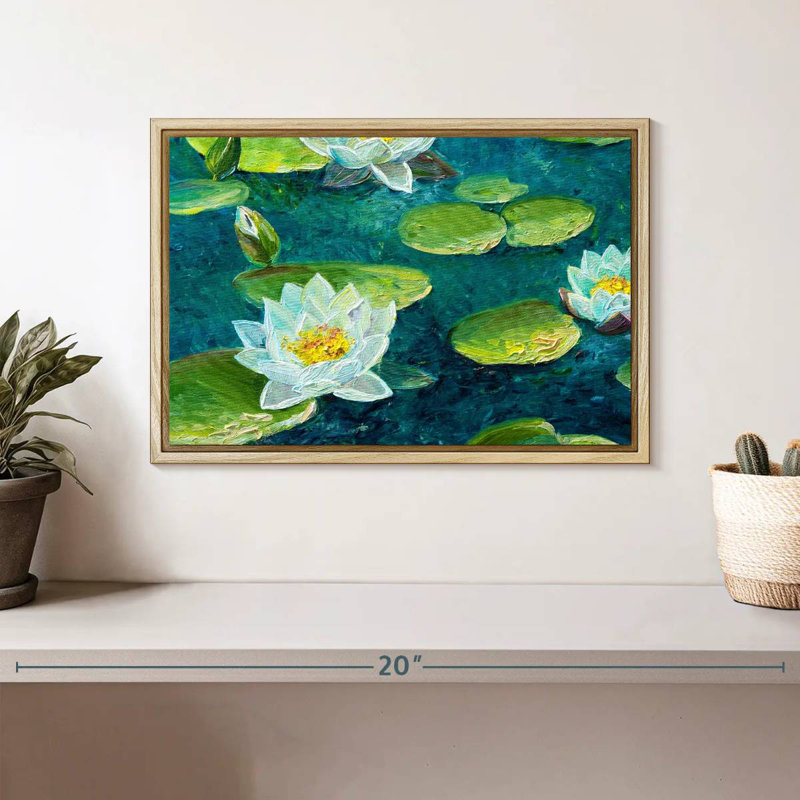 Fleur de nénuphar, 13 po x 9 po, Cadre flottant en bois naturel