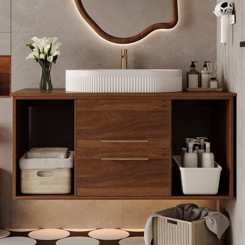 Meuble-lavabo avec lavabo ovale en céramique, 39,4 po, bois massif multi-couches, tiroirs à fermeture en douceur, tablette ouverte, pour solution de rangement de salle de bain rustique