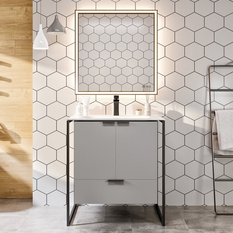 Meuble-lavabo 24 po Gritton avec pieds métalliques noirs, Gris