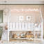 Lit mezzanine double pleine grandeur pour enfants avec glissade, escalier, tablettes de rangement, lumières DEL et garde-corps ronds, blanc-133665518-133665519