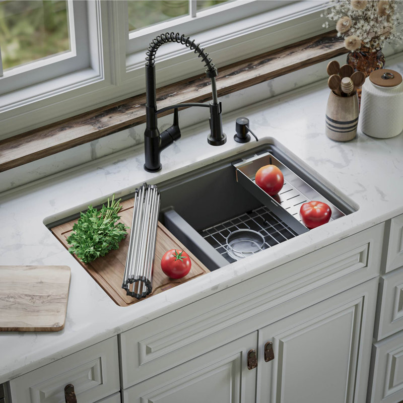 Quartz Undermount Sinks 32.5'' L Double Bowl Kitchen Sink, Gray