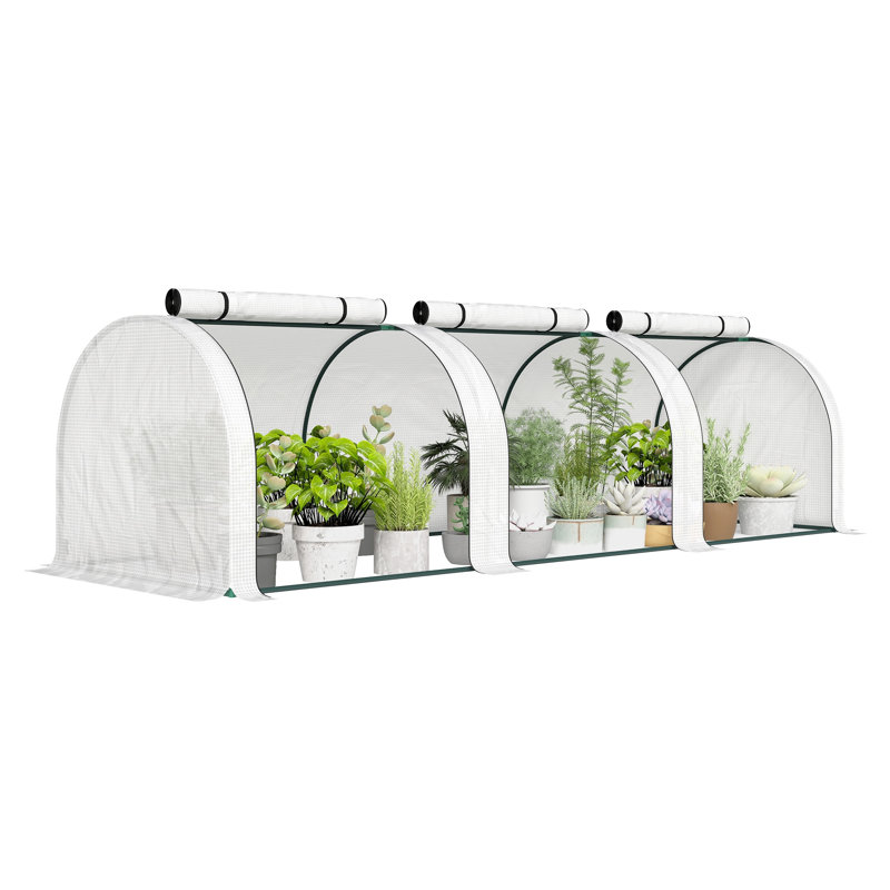 Mini-serre portative Outsunny 3 m x 0,9 m x 0,75 m avec portes enroulables à fermeture éclair, tunnel de jardin à structure en acier blanc pour plantes