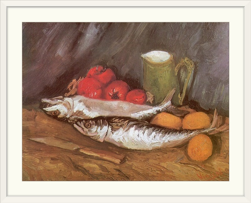 Nature morte au maquereau par Vincent Van Gogh - reproduction, H 26 po x l 32 po x P 1 po, Cadre blanc