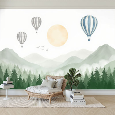 Papier peint adhésif moderne pour chambre à coucher, motif de montgolfières, paysage de montagne brumeux et forêt ensoleillée