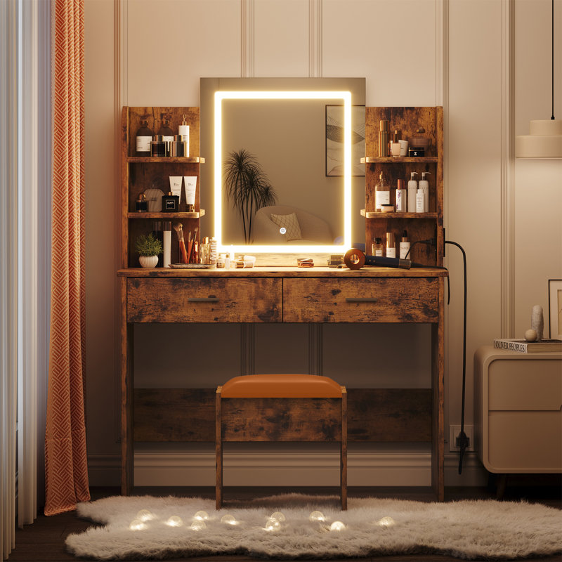 Bureau de coiffeuse avec miroir éclairé, ensemble de coiffeuse de maquillage avec prise de courant, tabouret rembourré, table de coiffeuse avec 6 tablettes de rangement, 2 grands tiroirs et 3 lumières à luminosité réglable de couleur, rustique