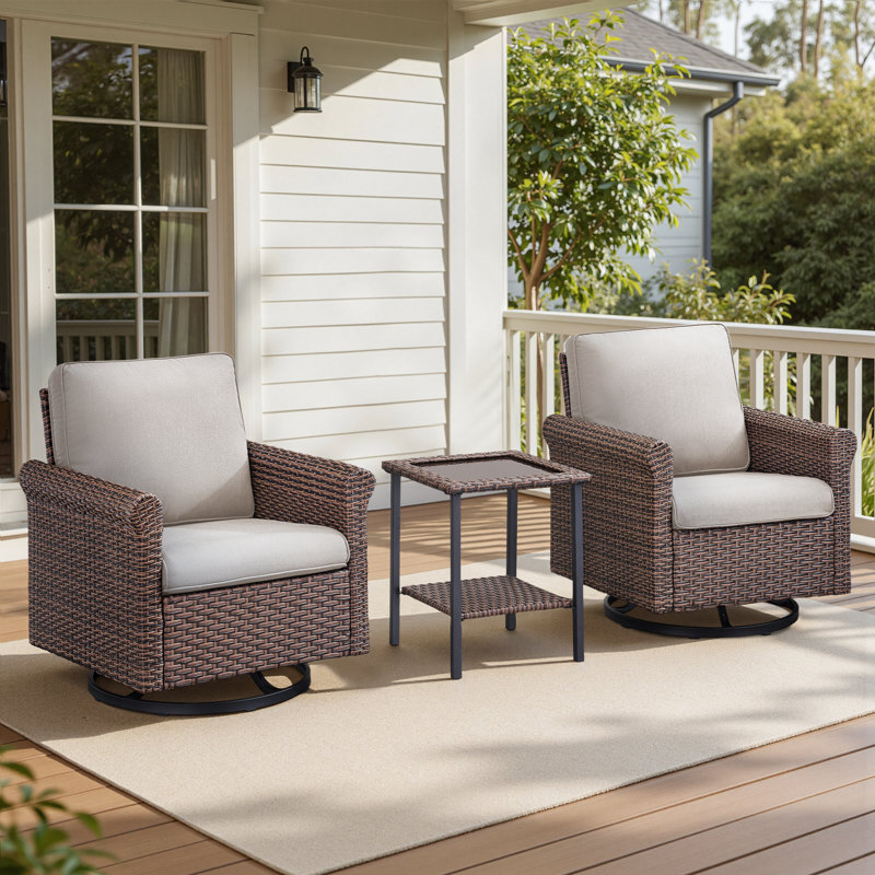 Wicker Rattan Outdoor Swivel Chair Set with Side Table (2 Chairs + 1 Table), Beige
