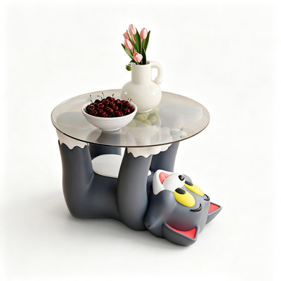 Playful Pop‑Art Resin & Tempered Glass Coffee Table, Upside‑Down Cartoon Cat Sculpture Round Side Table for Living Room Decor