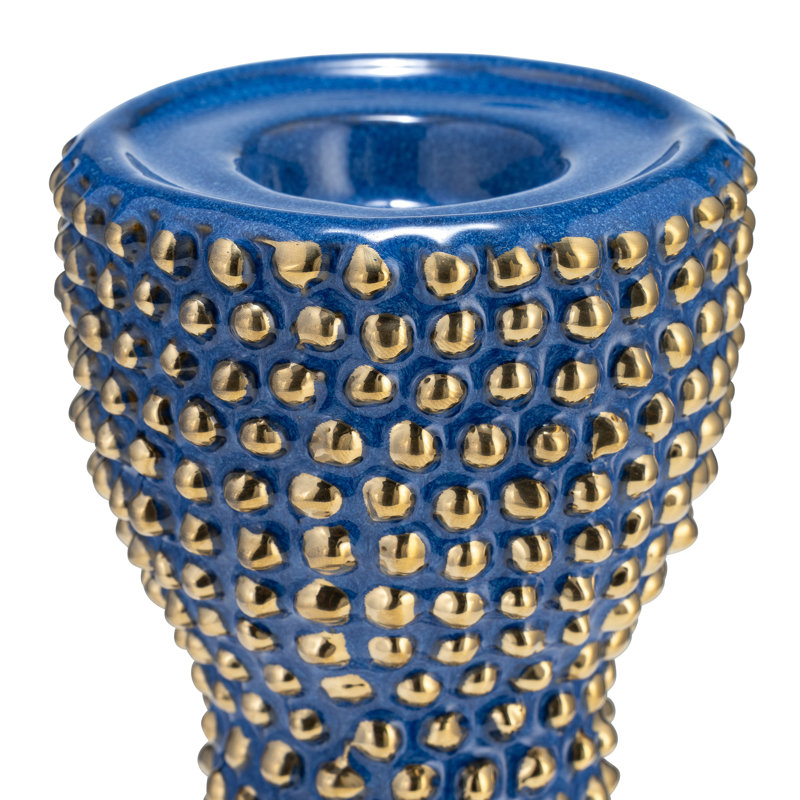 Modern Stoneware Ceramic Pillar and Taper Candle Holder, 16" H x 4" W x 4" D, Spiked Blue