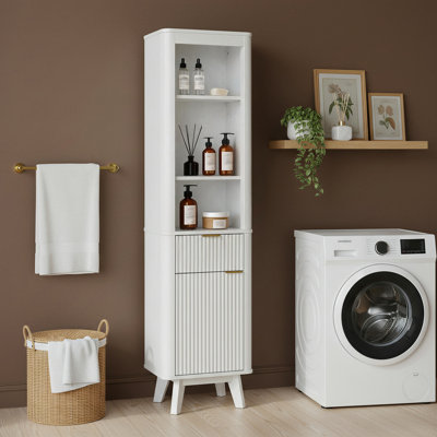 Armoire de rangement haute et étroite de 173 cm (68 po) de hauteur, à panneaux cannelés, avec tiroir et porte et étagères réglables, idéale pour la salle de bain, l'entrée, le salon et la cuisine. Couleur : blanc.