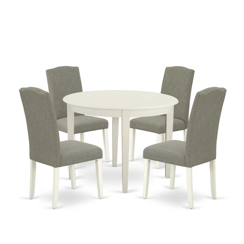 5 Piece Dinette Set for 4 Includes a Round Kitchen Table and 4 Dark Shitake Linen Fabric Parson Dining Room Chairs, 42x42 Inch, Linen White