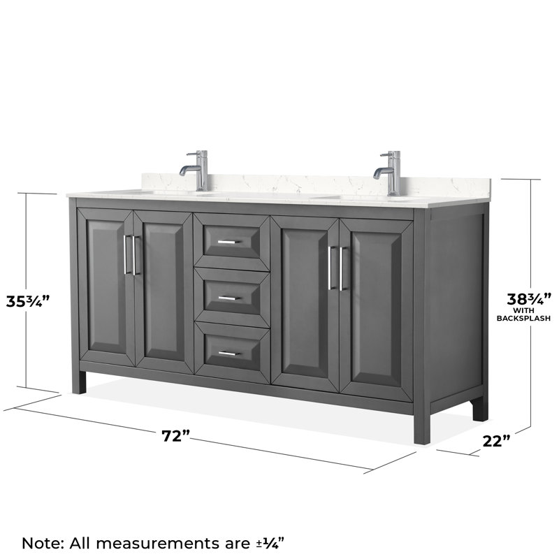 Daria 72'' Double Bathroom Vanity with Carrara Marble Top with Mirror, Dark Gray, Polished Chrome, Carrara Cultured Marble