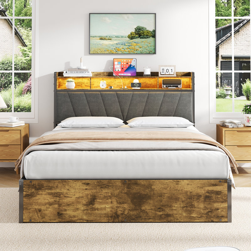 Storage Bed With Led And Usb Industrial Style, 136 x 205 cm
