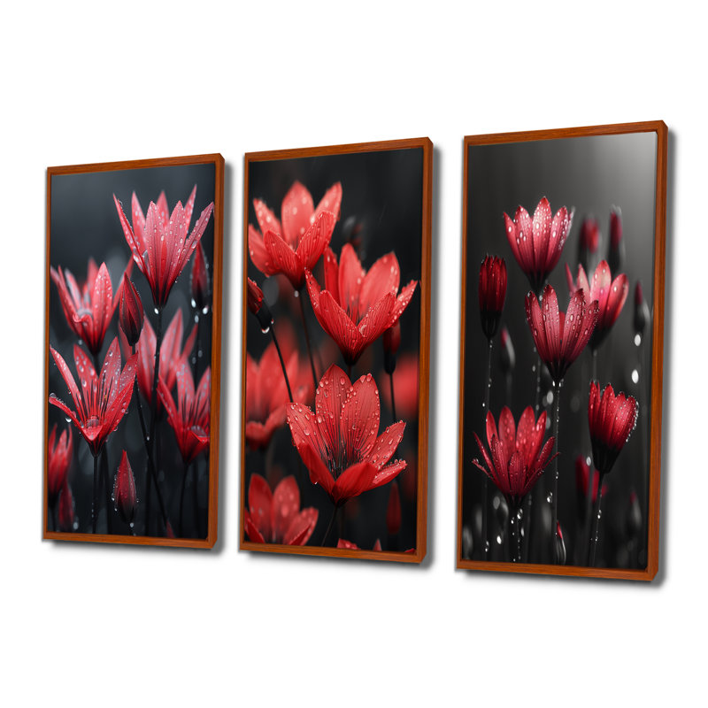 Monochromes rouges, noirs, pissenlits, gouttes de pluie, Brun, H 28 po x l 36 po, Impression encadrée flottante