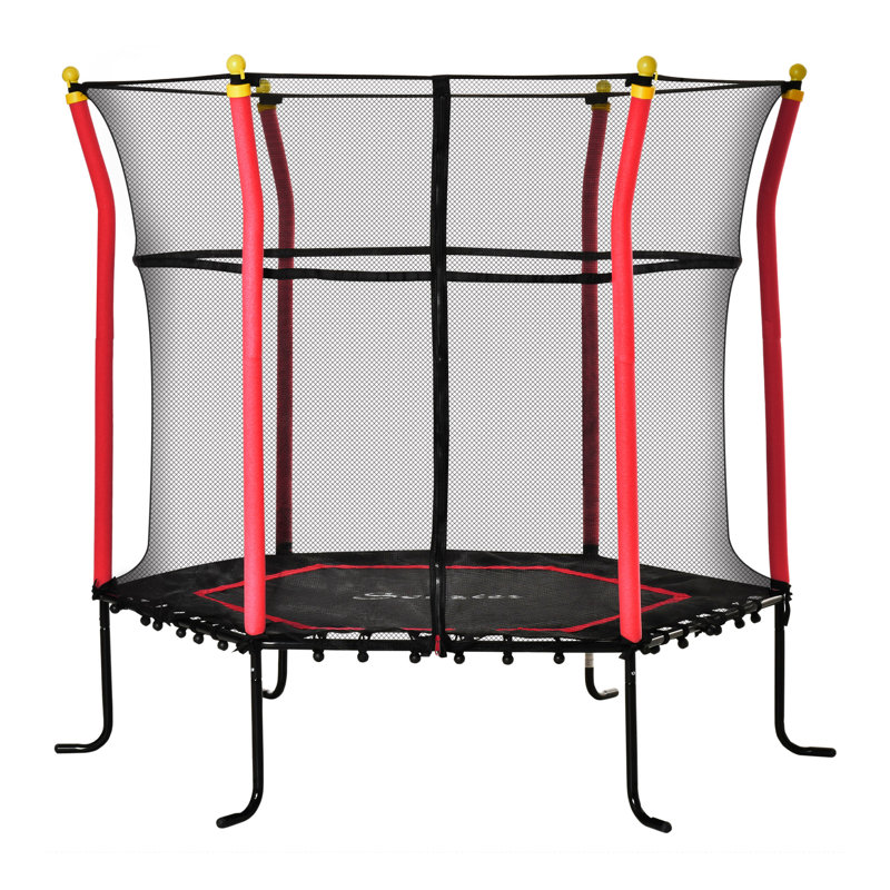 63" Kids Trampoline with Enclosure Net for Indoor, Red, Red