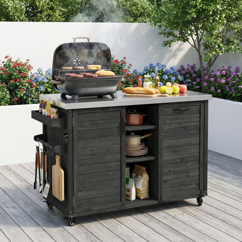 78.3" Oversized Foldable Outdoor Kitchen Island, Solid Rolling Bar Cart with Stainless Steel Top & Trash Storage for Lawn Garden BBQ