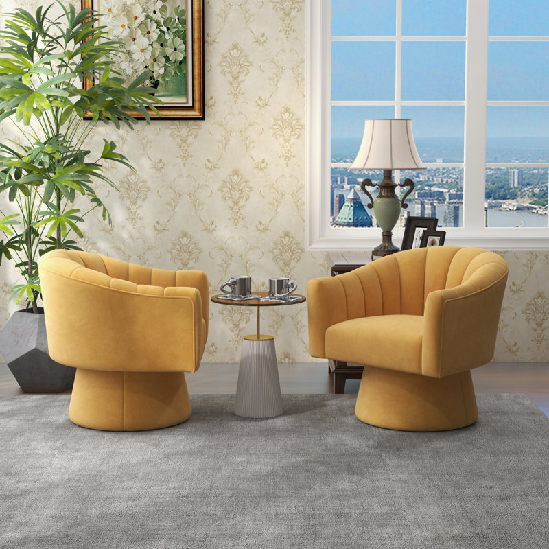 Fauteuil demi-tonneau pivotant de 25,2 po Iryanna, Velours jaune, 2