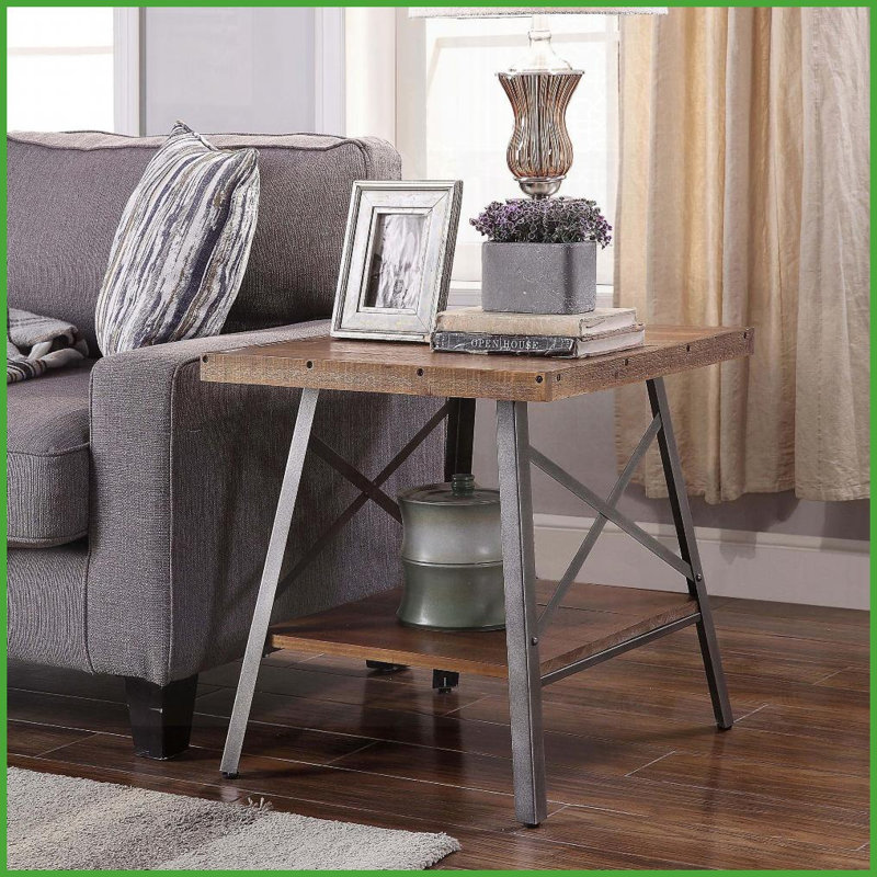 Chêne vieilli Ensemble de tables basses Sandy - style rétro rustique avec tablette de rangement et amp; Pieds modernes en métal